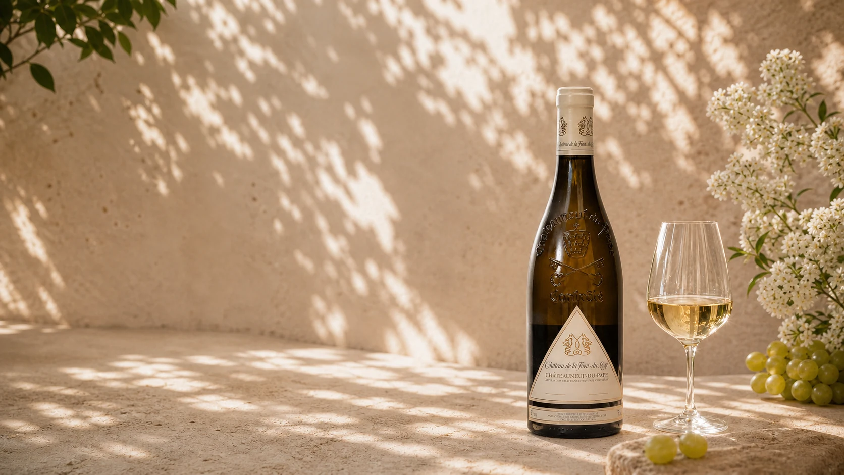 Bouteille de vin, raisin et verre dans la lumière du Château de la Font du Loup